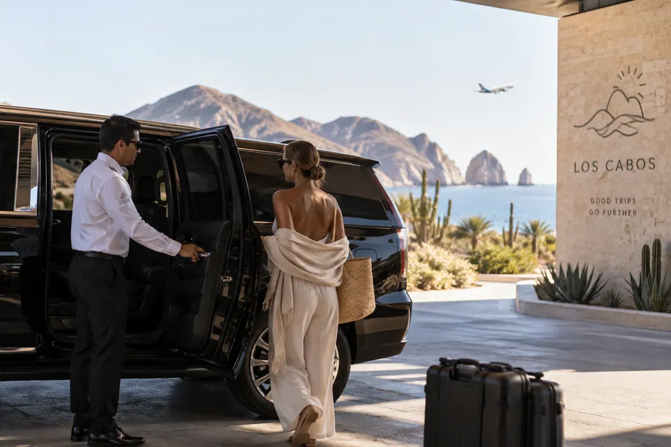 Un chofer abre la puerta de una camioneta privada a una huésped en Los Cabos, con el Finisterra a lo lejos.